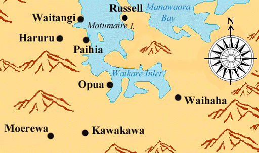 Map of Kawakawa to Waitangi including Russell