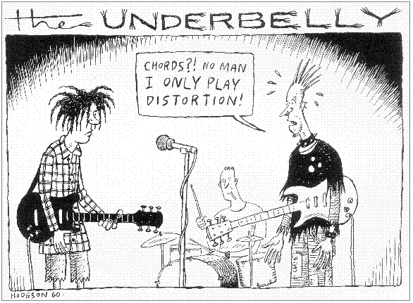 A cartoon of one grunge rocker telling another he plays distortion rather than chords