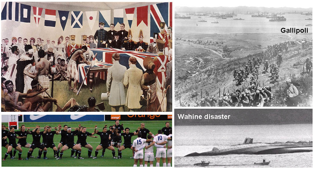 Historic events: signing of the Treaty of Waitangi, Rugby world cup, sinking of the Wahine, Gallipoli