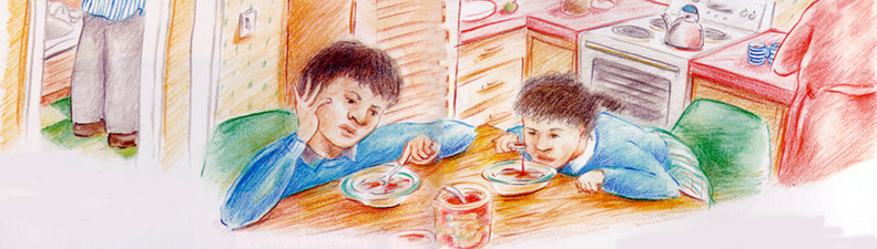 illustration: young people at the table with porridge