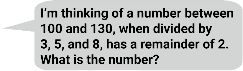 Speech bubble saying: I’m thinking of a number between 100 and 130, when divided by 3, 5, and 8, has a remainder of 2. What is the number?
