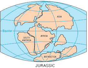 continental drift showing map of world during jurassic period