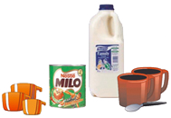 equipment: measuring cups, milo, milk, cups and spoon