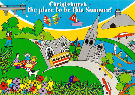 A stylised postcard that reads "Christchurch - the place to be this Summer!"