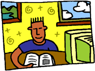 Cartoon showing a person reading a book