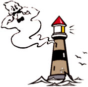 Cartoon of a ghost and a lighthouse.