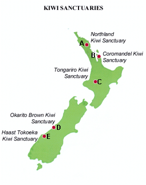 Map showing the location of kiwi sanctuaries around New Zealand