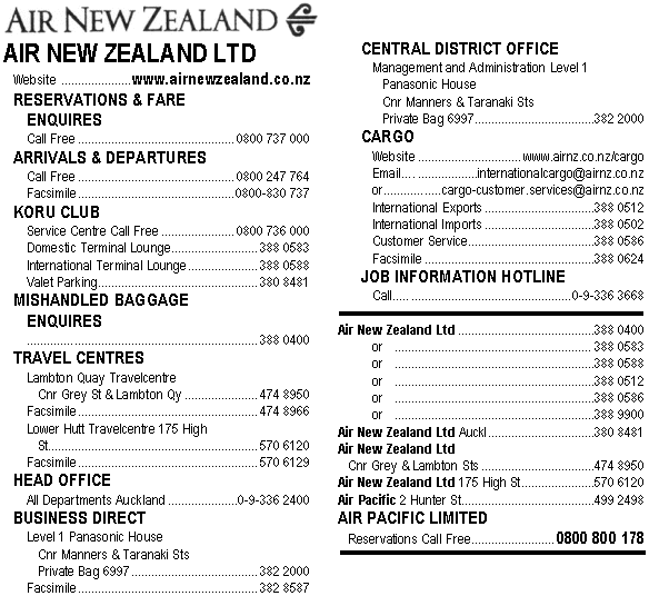 Extract from the Wellington telephone directory (2002/3)